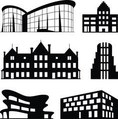 Black Building Silhouettes Set Featuring Modern Architecture House Icons Mansion and Futuristic Office Structures Isolated on White Background for Real Estate © Ponkaj Creatives