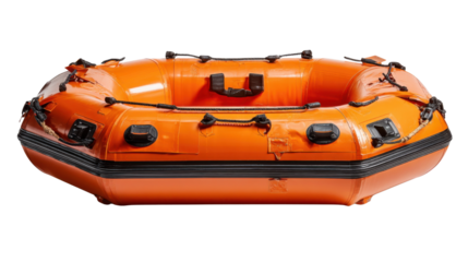 Orange inflatable life raft dinghy for emergency rescue and survival at sea on a transparent background