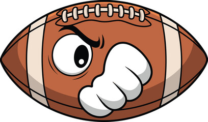 Angry cartoon American football character punching forward, aggressive sports mascot illustration, comic style ball icon, competition concept, power and energy symbol, isolated on white background