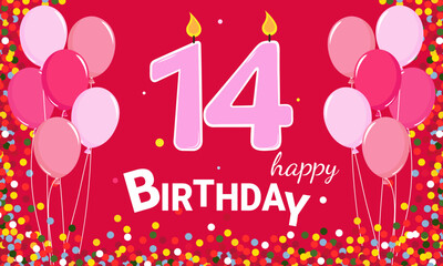 14 years old. Happy Birthday. Pink background and balloons