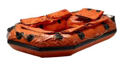 Orange emergency life raft for marine survival and rescue, isolated on a transparent background