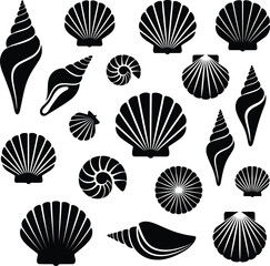 Black sea shell silhouette collection featuring various marine snail shells, scallop valves, nautilus, and aquatic mollusk shapes isolated on white background © Ponkaj Creatives