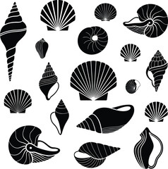 Black sea shell silhouette collection featuring various marine snail shells, scallop valves, nautilus, and aquatic mollusk shapes isolated on white background © Ponkaj Creatives