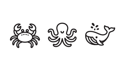 Obraz premium Simple sea creatures in minimalist style with black outline on white background for marine life illustration