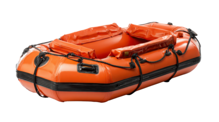 Orange inflatable life raft providing safety and survival in emergency situations, isolated on transparent background