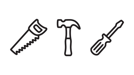 Hand tools in simple line art style with black outline on white background for DIY projects