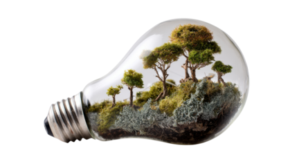 Light bulb containing a thriving miniature ecosystem with trees and moss, symbolizing green energy, sustainability, and environmental concepts