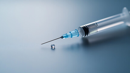 Close-up studio shot capturing a syringe with a droplet at the needle's tip on a sleek, minimalist surface, symbolizing precision and medical care. Shot in soft lighting.