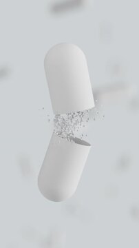 Animation of white medicine capsule opening and remedy particles fly out on white backdrop. Medical research, science concept. 3d render Vertical video