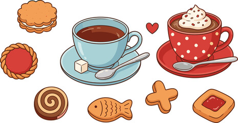 Hot drinks with cookies, cozy dessert scene, coffee and sweets, whipped cream, heartwarming vibe, flat vector illustration