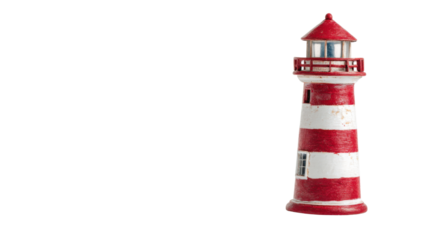 Miniature red and white striped lighthouse ornament for nautical decoration and safe navigation concepts on transparent background