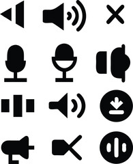Microphone icon set: music, recording, podcast, mute, sound wave symbols in black 