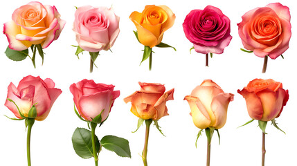 Collection of ten distinct hybrid tea roses showcasing vibrant shades of pink orange and yellow against a stark black background for artistic floral design