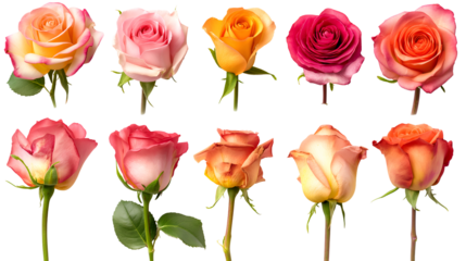 Collection of ten distinct hybrid tea roses showcasing vibrant shades of pink orange and yellow against a stark black background for artistic floral design