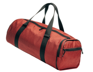 Vibrant orange duffel bag with black straps and accents