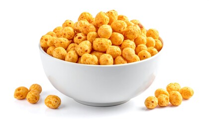 Overflowing White Bowl of Golden Crunchy Cheese Puffs and Scattered Snacks on White Background