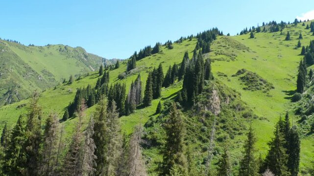 View from the funicular to the green mountain peaks. Cable car, climb up the mountains on summer season.