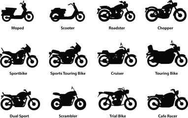 Obraz premium Black motorcycle silhouette icon set featuring moped, scooter, sportbike, cruiser, touring and cafe racer styles, two wheeler vehicle symbols, flat design, isolated on white