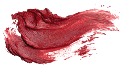 Red lipstick smudge showing cosmetic swatch texture on transparent background, beauty product branding concept