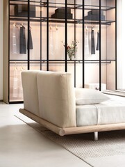 Modern luxury bedroom interior in minimal scandinavian style, 3d render
