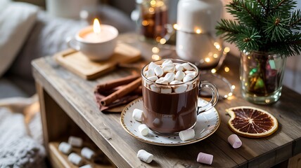 Fototapeta premium Cozy Winter Hot Chocolate Scene with Marshmallows, Candle & Fairy Lights