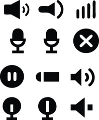 Microphone icon set: music, recording, podcast, mute, sound wave symbols in black 