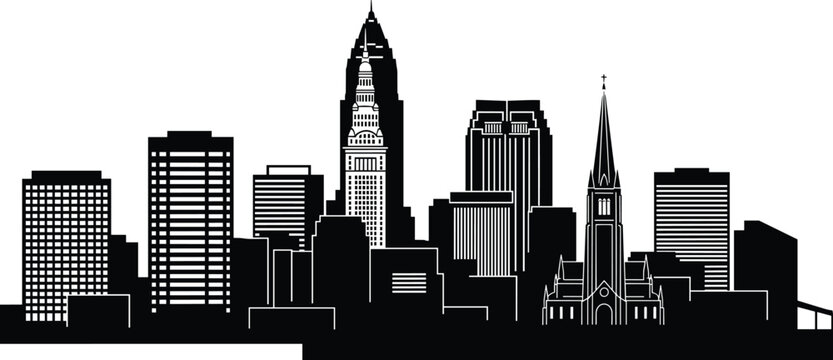 Cleveland city skyline silhouette, panoramic Ohio metropolitan skyscrapers with Terminal Tower, black and white cityscape, cad drawing flat vector illustration