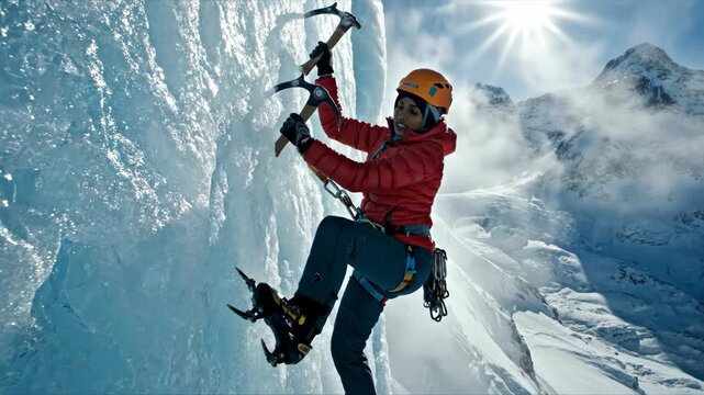 Ice climber scaling a frozen waterfall with ice axes and crampons in the mountains.