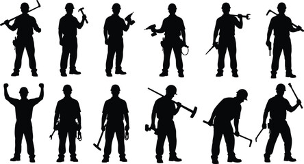 Construction worker silhouette collection, manual labor tradesman with tools and equipment outlines set, maintenance engineer, cad drawing flat vector illustration