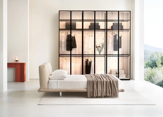 Modern luxury bedroom interior in minimal scandinavian style, 3d render
