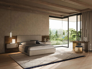 Modern luxury bedroom interior in minimal scandinavian style, 3d render

