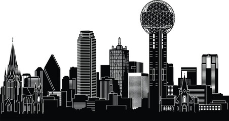 Dallas city skyline silhouette, panoramic Texas metropolitan skyscrapers with Reunion Tower, black and white cityscape, cad drawing flat vector illustration © IconicCreations