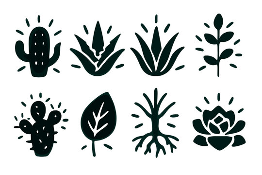 Glowing Desert Plants. Solid style icons of glowing desert plants: radiant cactus, luminous aloe, shining agave, xenon-lit stem,