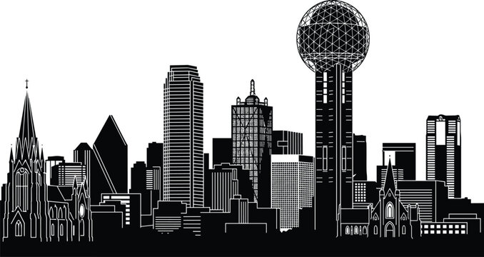 Dallas city skyline silhouette, panoramic Texas metropolitan skyscrapers with Reunion Tower, black and white cityscape, cad drawing flat vector illustration