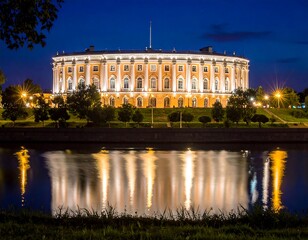 Fototapeta premium Large, illuminated classical building reflected in tranquil, dark water