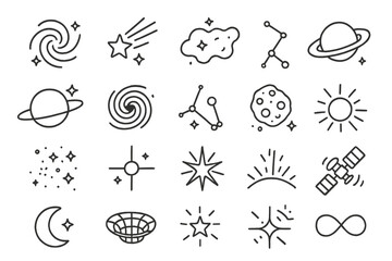 Obraz premium Galactic Line Icons. Line style icons of galaxies and stars: spiral galaxy, shooting star, comet, nebula cloud, planet ring, black