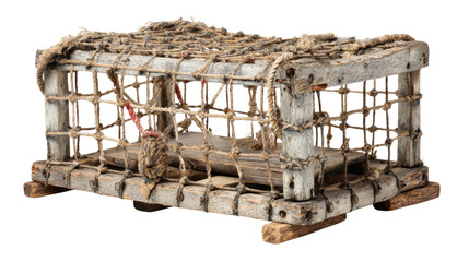 Weathered lobster or crab trap made from rustic wood and old rope, an empty fishing cage on a transparent background