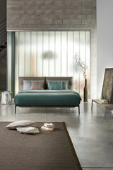 Modern luxury bedroom interior in minimal scandinavian style, 3d render
