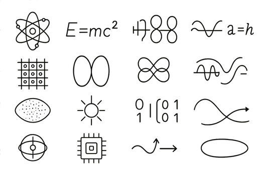 Quantum Physics Icons. Line style icons of quantum physics: atom, formula, Planck constant, wave equation, particle field,