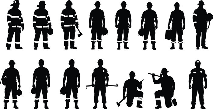 Firefighter silhouette collection, emergency rescue personnel with axes and gear outlines set, first responder, cad drawing flat vector illustration