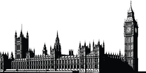 Obraz premium London city skyline silhouette, panoramic Westminster palace with Big Ben clock tower, black and white cityscape, cad drawing flat vector illustration