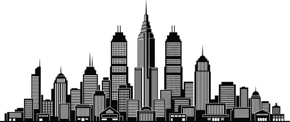 Fototapeta premium Metropolitan skyscraper skyline silhouette, panoramic urban city buildings with modern towers, black and white cityscape, cad drawing flat vector illustration
