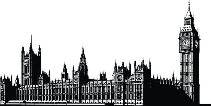 London city skyline silhouette, panoramic Westminster palace with Big Ben clock tower, black and white cityscape, cad drawing flat vector illustration