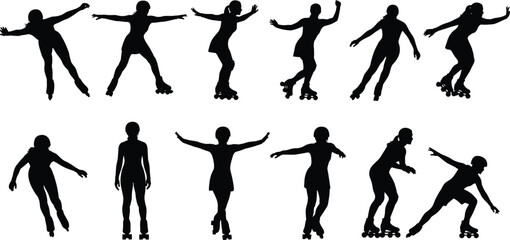 Roller skater silhouette collection, women skating and inline blading in various athletic poses, sports activity outlines set, cad drawing flat vector illustration