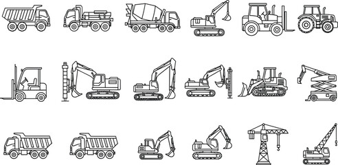 Set of construction vehicle line icons including excavator truck crane and tractor isolated on white background for industrial vector illustration. © IconicCreations