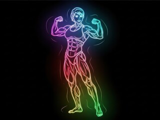 Neon glow nice female bodybuilder flexing muscles showing biceps and abs on black background