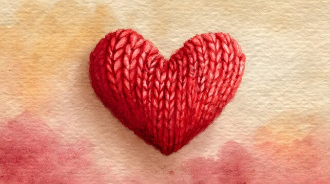 Cozy knitted red heart on soft textured background. Concept of love, warmth, self care, compassion and emotional comfort. Watercolor style illustration.
