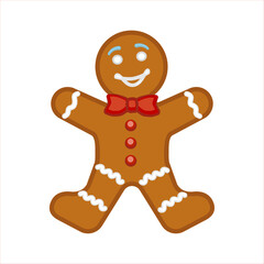 A gingerbread man. The image is cheerful and festive,
Happy gingerbread man with a bow tie and a smile on his face. Cookie christmas holiday icon representing the holiday season