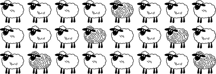 Hand drawn vector illustration of a set of white sheep with different wool textures isolated on a white background for farm design. (22 words) © Mim's World