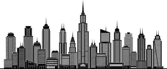 Urban city skyline silhouette featuring a tall central spire and modern office buildings isolated on white background flat vector illustration.